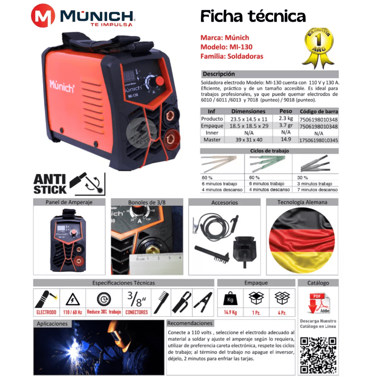 Soldadora Inversora 130A Munich (Careta, cable & cepillo) - Image 2
